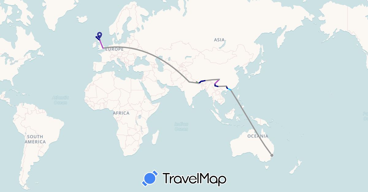 TravelMap itinerary: driving, bus, plane, train, hiking, boat in Australia, China, United Kingdom, India, Nepal (Asia, Europe, Oceania)